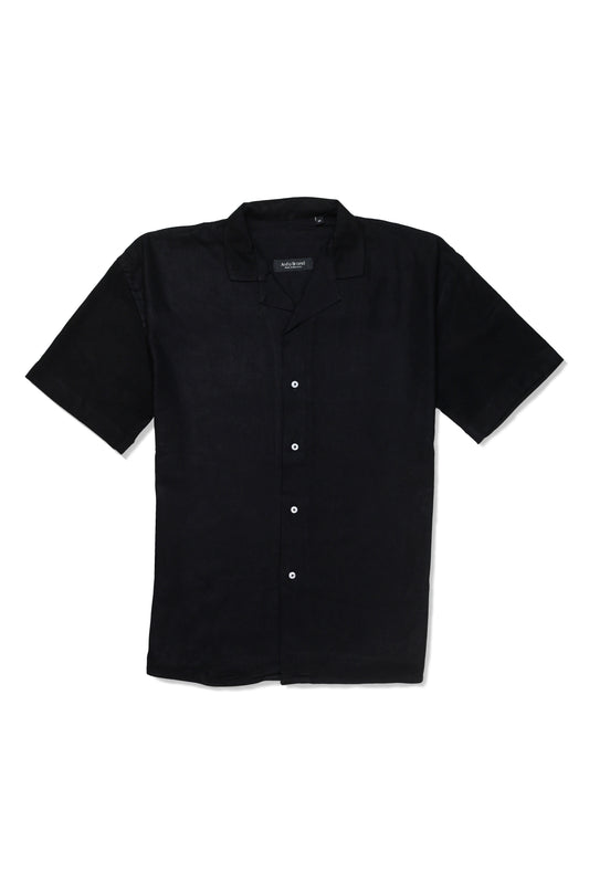 Ensemble Homme en Lin Noir – Chemise Col Cubain & Pantalon à Cordon