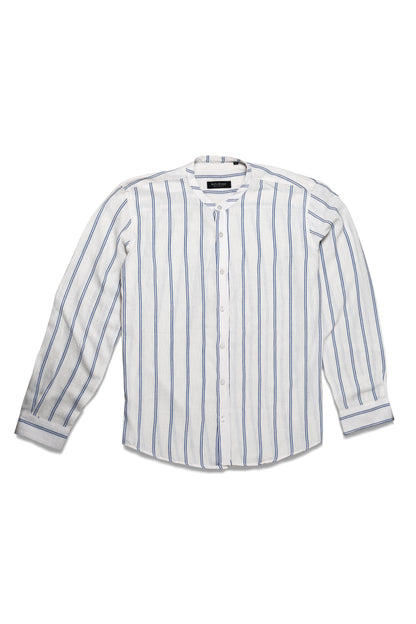 Chemise Homme en Lin à Rayures Bleues – Col Mao Élégant & Léger