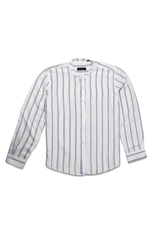 Chemise Homme en Lin à Rayures Bleues – Col Mao Élégant & Léger