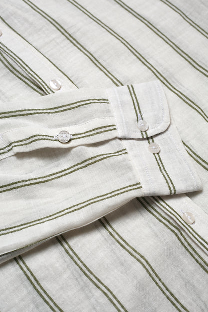 Chemise Homme en Lin à Rayures Vertes – Col Mao Élégant & Naturel