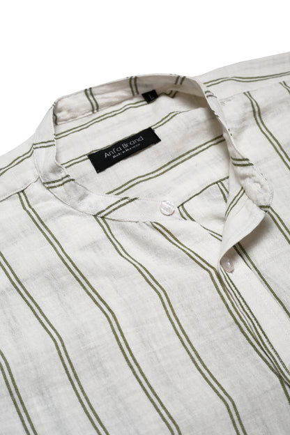 Chemise Homme en Lin à Rayures Vertes – Col Mao Élégant & Naturel