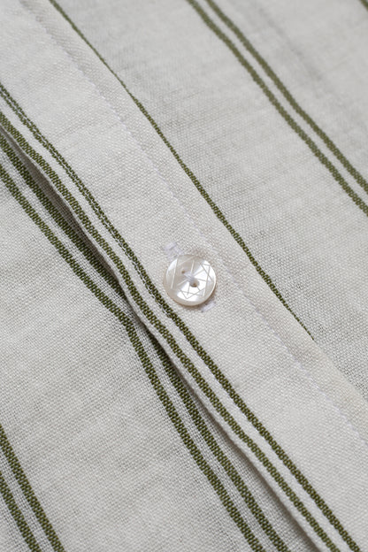Chemise Homme en Lin à Rayures Vertes – Col Mao Élégant & Naturel